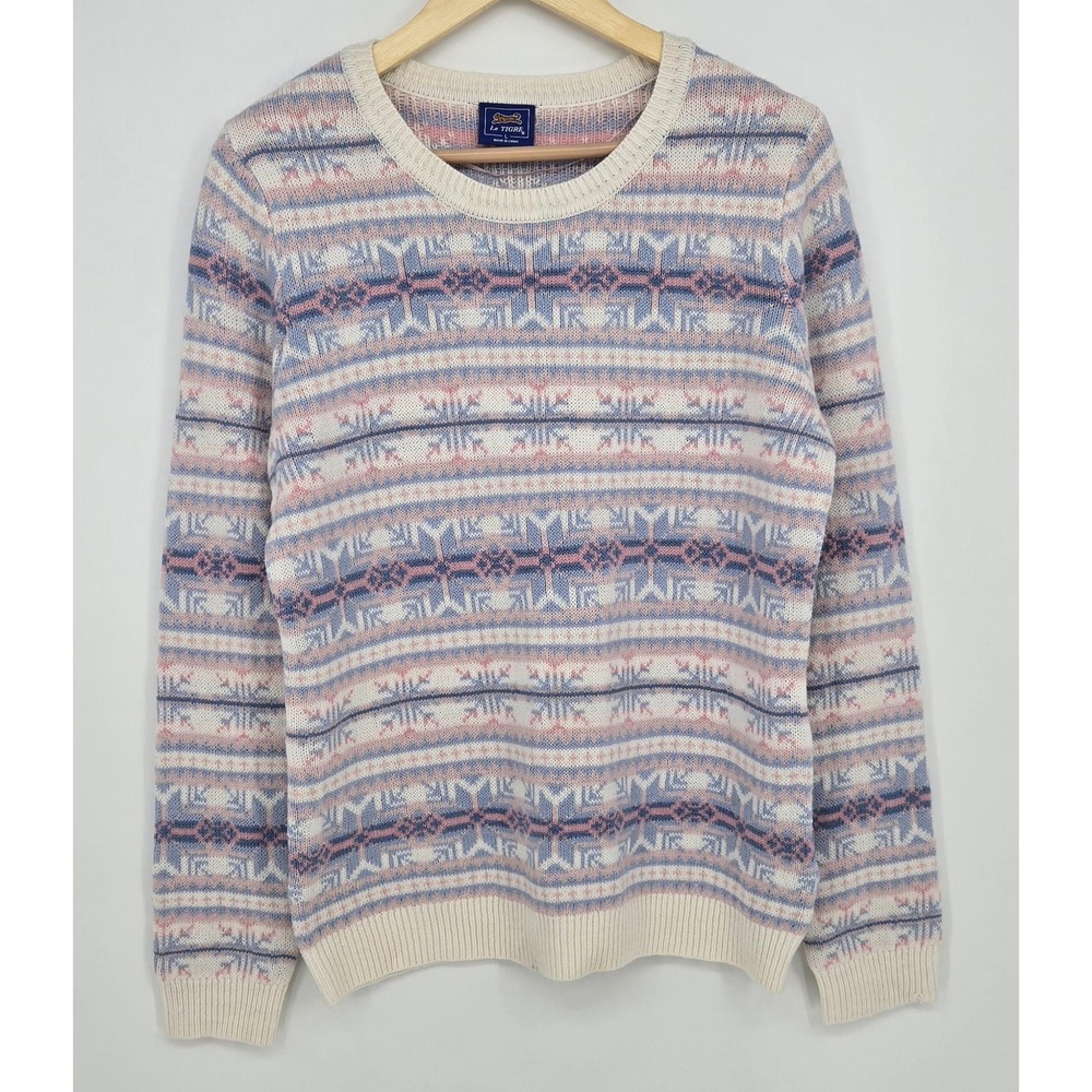 Vintage womens L wool-blend pastel Fair Isle sweater snowflake pattern pink blue